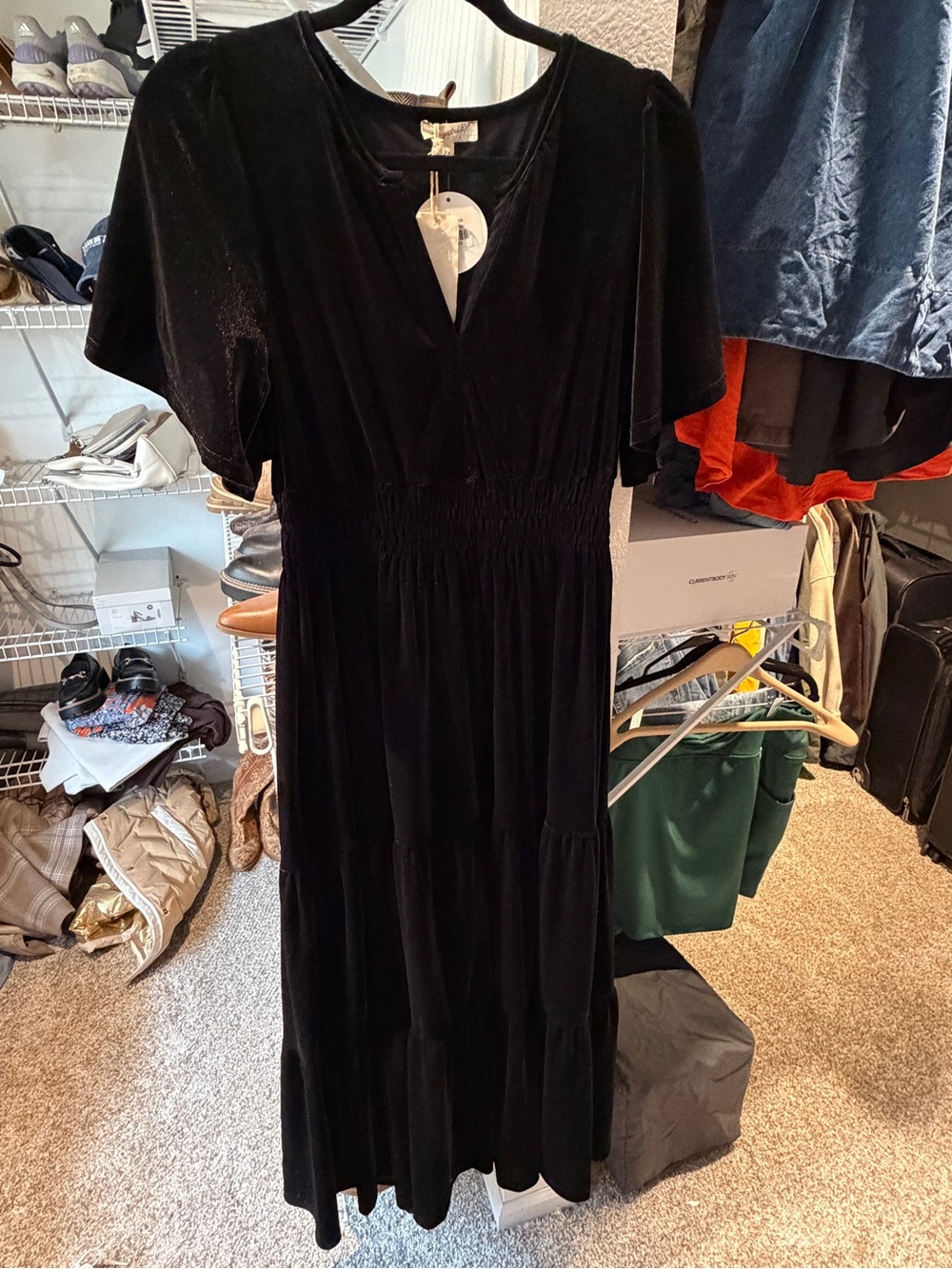 Black Velvet Tiered Midi Dress -